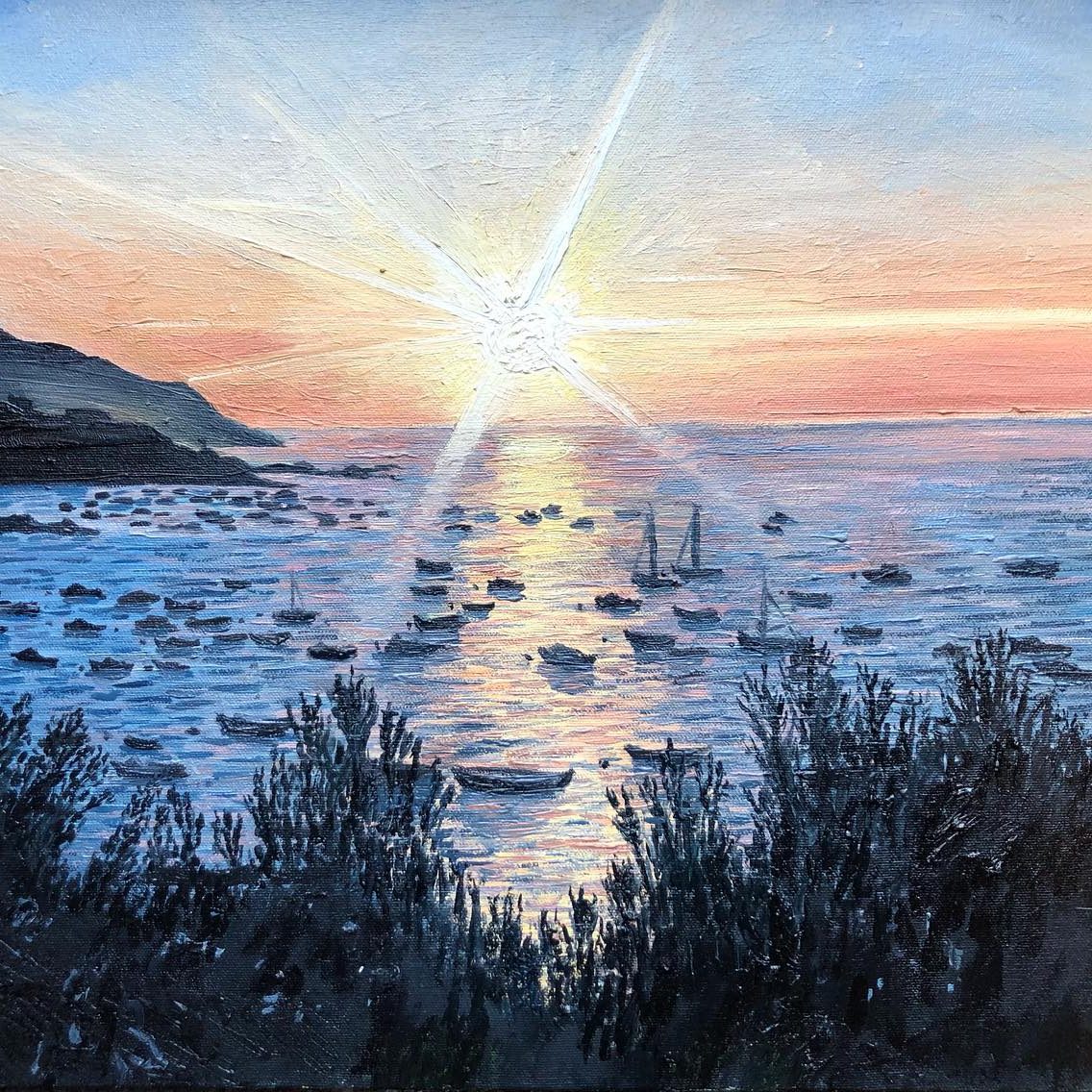 Sunset Commission Oil Painting Sunset over a calm sea with boats, framed by coastal hills and sparkling water.