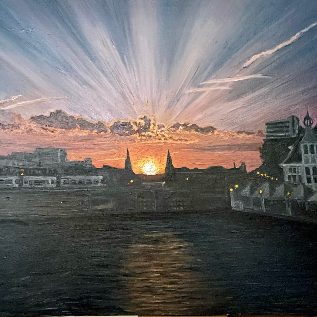 Sunset Commission Oil Painting Sunset over a calm sea with boats, framed by coastal hills and sparkling water.